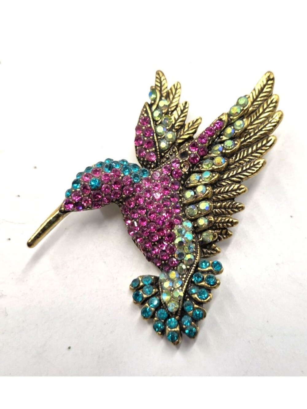 Multicolored Rhinestone Hummingbird Brooch With Gold-Tone Finish